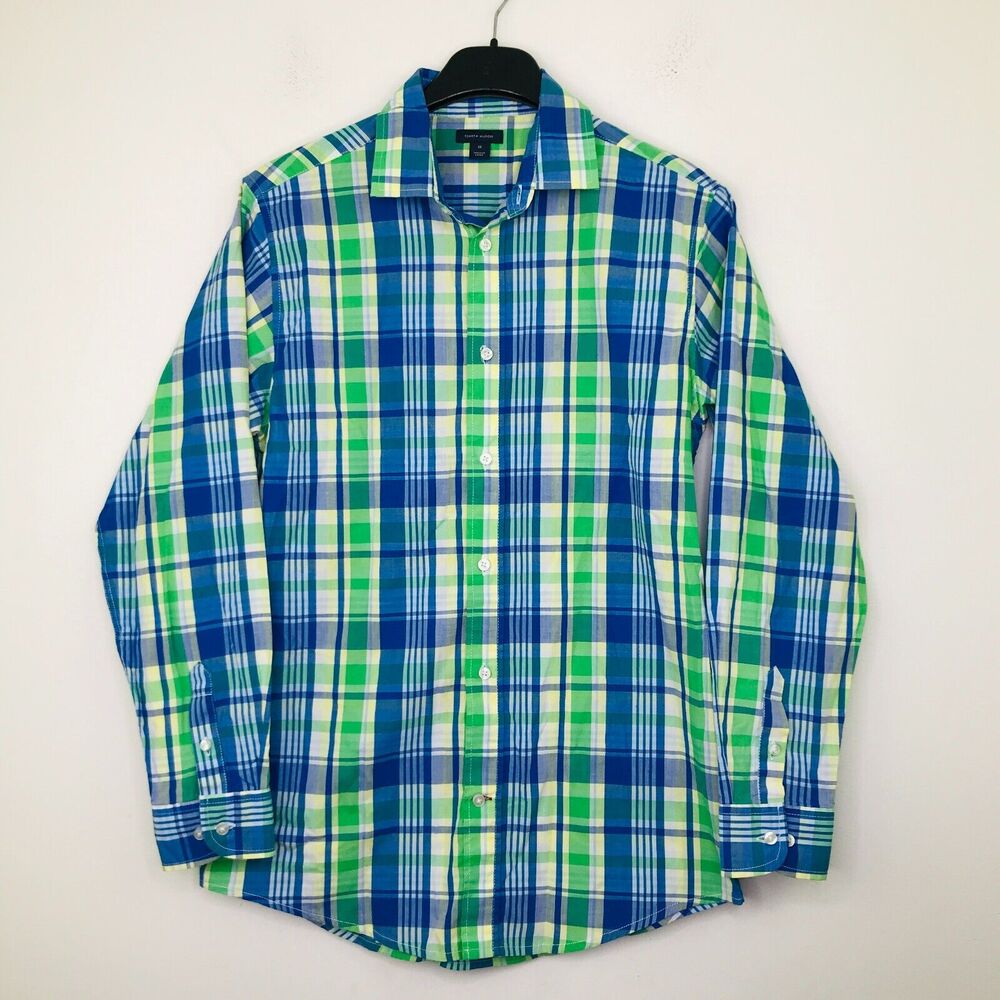 Tommy Hilfiger Boys 18 Dress Shirt Blue Green Plaid Long Sleeve Button Up BV4